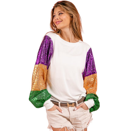 Ladies Mardi Gras Color Block Sequins Sleeve White Knit Top - Mardi Gras Apparel - Adult, Gold, Green - 