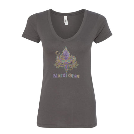 Ladies Mardi Gras Fleur De Lis Rhinestone V - Neck - Mardi Gras Apparel - 100% Cotton, Adult, Black - Rhinestone Tee - Shirt