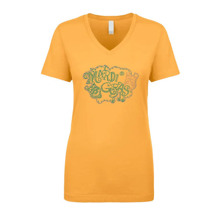 Ladies Mardi Gras Rhinestone V - Neck Tee - shirt - Mardi Gras Apparel - 100% Cotton, Adult, Black - Rhinestone Tee - Shirt