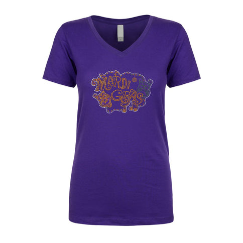 Ladies Mardi Gras Rhinestone V - Neck Tee - shirt - Mardi Gras Apparel - 100% Cotton, Adult, Black - Rhinestone Tee - Shirt