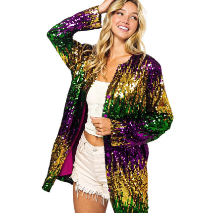 Ladies Mardi Gras Sequin Color Block Cardigan - Mardi Gras Apparel - Adult, Gold, Green - 