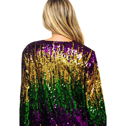 Ladies Mardi Gras Sequin Color Block Cardigan - Mardi Gras Apparel - Adult, Gold, Green - 