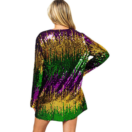 Ladies Mardi Gras Sequin Color Block Cardigan - Mardi Gras Apparel - Adult, Gold, Green - 