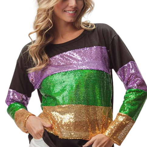 Ladies Mardi Gras Sequins Color block Long Sleeve Top - Mardi Gras Apparel - Adult, Gold, Green - 