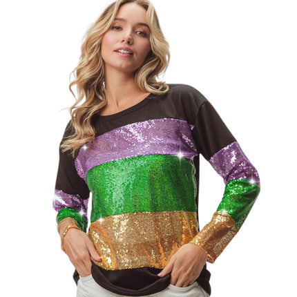 Ladies Mardi Gras Sequins Color block Long Sleeve Top - Mardi Gras Apparel - Adult, Gold, Green - 