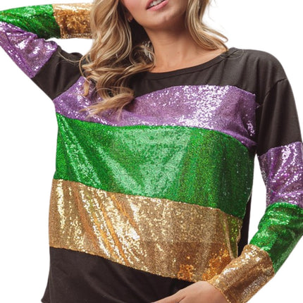Ladies Mardi Gras Sequins Color block Long Sleeve Top - Mardi Gras Apparel - Adult, Gold, Green - 
