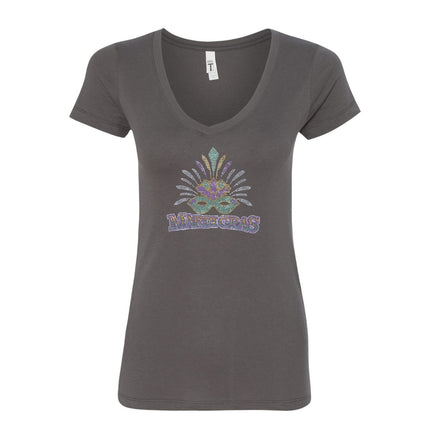 Ladies Mardi Gras V - Neck Rhinestone - Mardi Gras Apparel - 100% Cotton, Adult, Black - Rhinestone Tee - Shirt