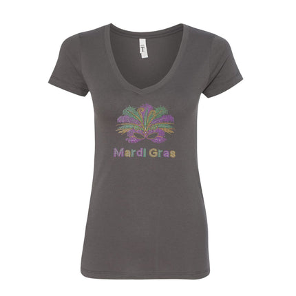 Ladies Nola Rhinestone V - Neck - Mardi Gras Apparel - 100% Cotton, Adult, Black - 