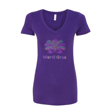 Ladies Nola Rhinestone V - Neck - Mardi Gras Apparel - 100% Cotton, Adult, Black - 