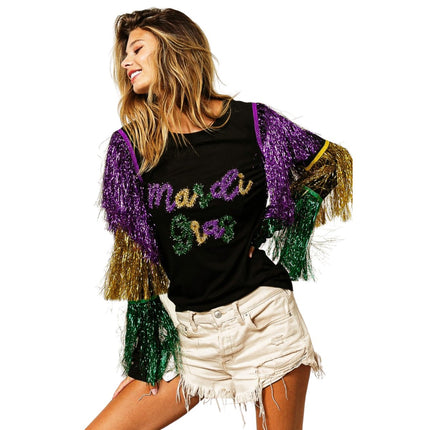 Mardi Gras Black Top With Colorful Tiered Tinsel Fringe - Mardi Gras Apparel - Adult, Front Design, Gold - 