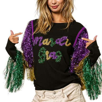 Mardi Gras Black Top With Colorful Tiered Tinsel Fringe - Mardi Gras Apparel - Adult, Front Design, Gold - 