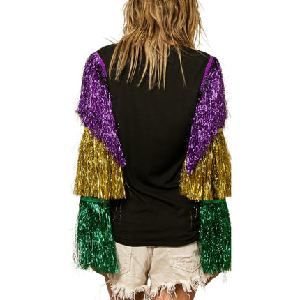 Mardi Gras Black Top With Colorful Tiered Tinsel Fringe - Mardi Gras Apparel - Adult, Front Design, Gold - 