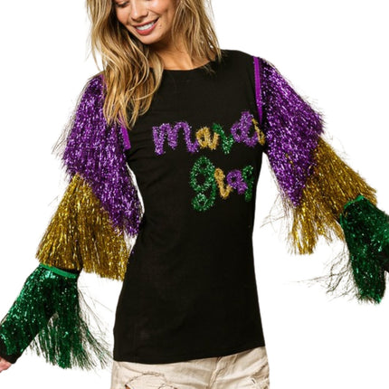 Mardi Gras Black Top With Colorful Tiered Tinsel Fringe - Mardi Gras Apparel - Adult, Front Design, Gold - 