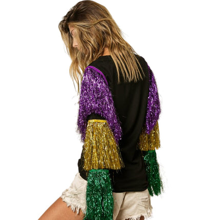 Mardi Gras Black Top With Colorful Tiered Tinsel Fringe - Mardi Gras Apparel - Adult, Front Design, Gold - 