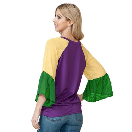 Mardi Gras Color Block Bell Sleeve Front Tie Top - Mardi Gras Apparel - Adult, Gold, Green - 