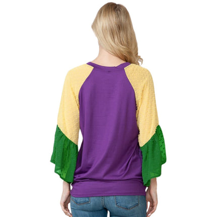 Mardi Gras Color Block Bell Sleeve Front Tie Top - Mardi Gras Apparel - Adult, Gold, Green - 