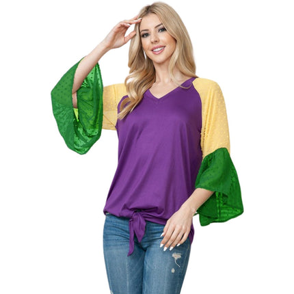 Mardi Gras Color Block Bell Sleeve Front Tie Top - Mardi Gras Apparel - Adult, Gold, Green - 