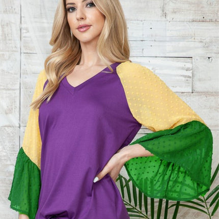 Mardi Gras Color Block Bell Sleeve Front Tie Top - Mardi Gras Apparel - Adult, Gold, Green - 