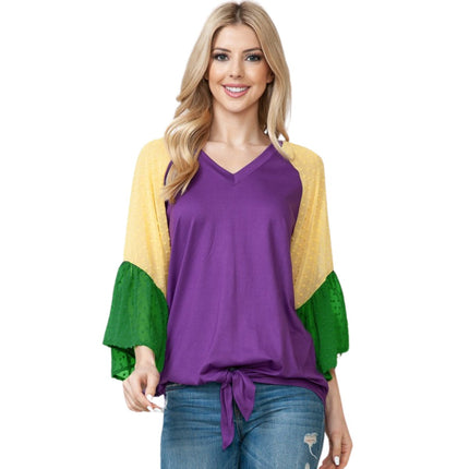 Mardi Gras Color Block Bell Sleeve Front Tie Top - Mardi Gras Apparel - Adult, Gold, Green - 