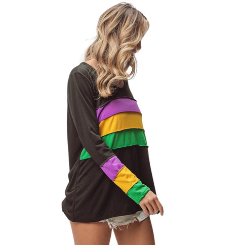 Mardi Gras Color Block Long Sleeve Black Top - Mardi Gras Apparel - Adult, Black, Gold - 