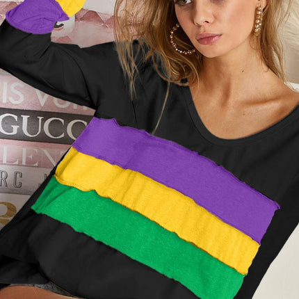 Mardi Gras Color Block Long Sleeve Black Top - Mardi Gras Apparel - Adult, Black, Gold - 