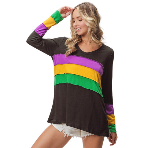 Mardi Gras Color Block Long Sleeve Black Top - Mardi Gras Apparel - Adult, Black, Gold - 