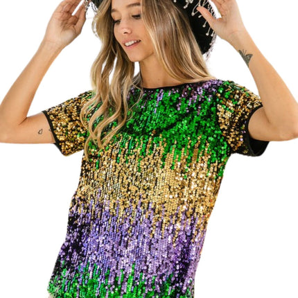 Mardi Gras Color Block Sequin Top - Mardi Gras Apparel - Adult, Gold, Green - 