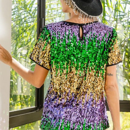 Mardi Gras Color Block Sequin Top - Mardi Gras Apparel - Adult, Gold, Green - 