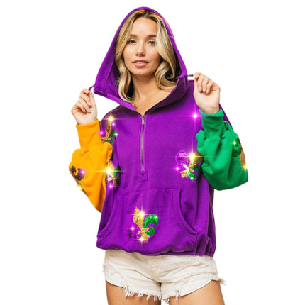 Mardi Gras Fleur De Lis Hoodie - Mardi Gras Apparel - Adult, Fleur de Lis, Gold - Hoodie Long Sleeve Sweatshirt