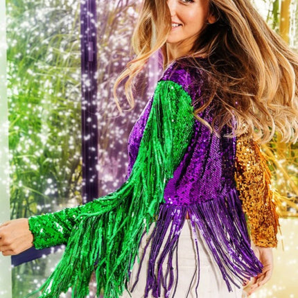 Mardi Gras Fringe Detailed Sequins Crop Top - Mardi Gras Apparel - Adult, Gold, Green - 