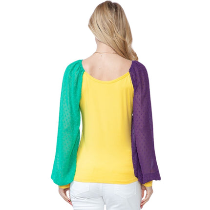 Mardi Gras Gold Top With Long Swiss Dot Sleeves - Mardi Gras Apparel - Adult, Gold, Green - 