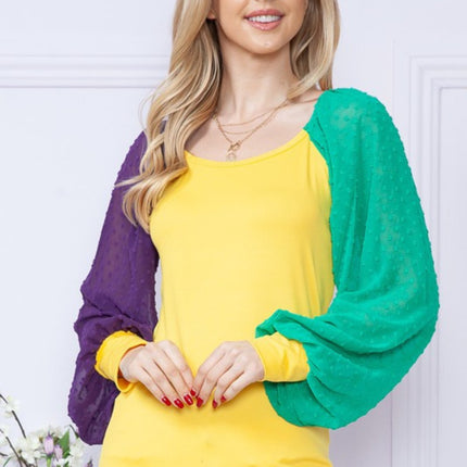 Mardi Gras Gold Top With Long Swiss Dot Sleeves - Mardi Gras Apparel - Adult, Gold, Green - 