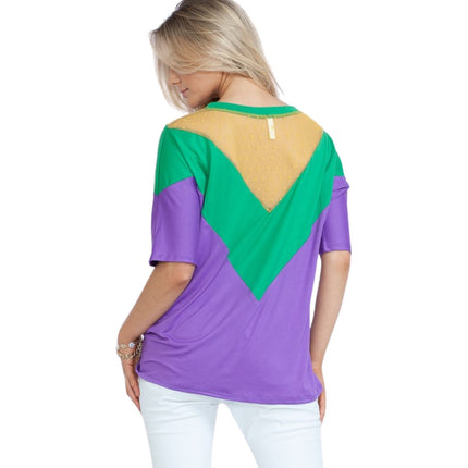Mardi Gras Green & Purple Color Block Short Sleeve Tunic Top - Mardi Gras Apparel - Adult, Green, Ladies - 