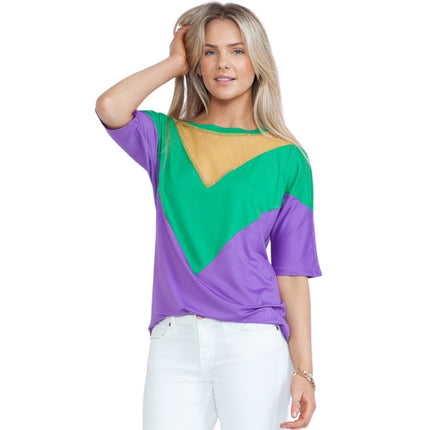 Mardi Gras Green & Purple Color Block Short Sleeve Tunic Top - Mardi Gras Apparel - Adult, Green, Ladies - 
