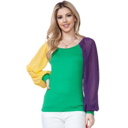 Mardi Gras Green Top With Long Swiss Dot Sleeves - Mardi Gras Apparel - Adult, Gold, Green - 