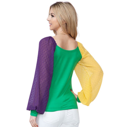 Mardi Gras Green Top With Long Swiss Dot Sleeves - Mardi Gras Apparel - Adult, Gold, Green - 