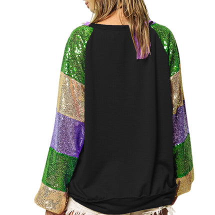 Mardi Gras Ladies Black Sequins Color Block Sleeves Top - Mardi Gras Apparel - Adult, Black, Gold - 