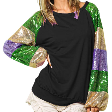 Mardi Gras Ladies Black Sequins Color Block Sleeves Top - Mardi Gras Apparel - Adult, Black, Gold - 