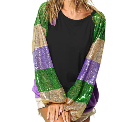Mardi Gras Ladies Black Sequins Color Block Sleeves Top - Mardi Gras Apparel - Adult, Black, Gold - 