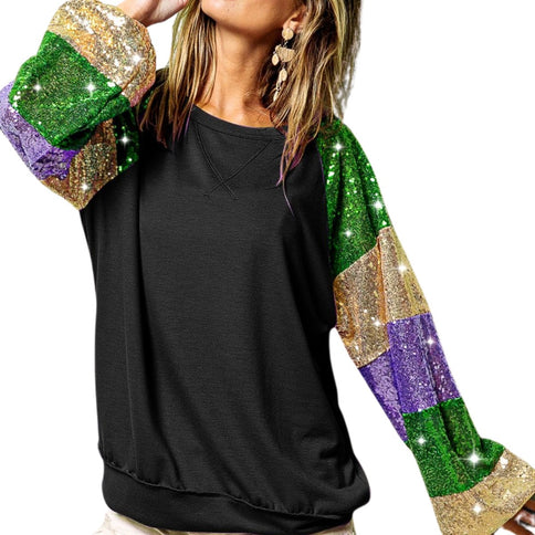 Mardi Gras Ladies Black Sequins Color Block Sleeves Top - Mardi Gras Apparel - Adult, Black, Gold - 