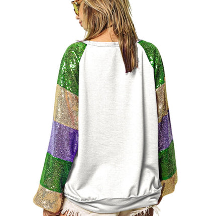 Mardi Gras Ladies White Sequins Color Block Sleeves Top - Mardi Gras Apparel - Adult, Black, Gold - 