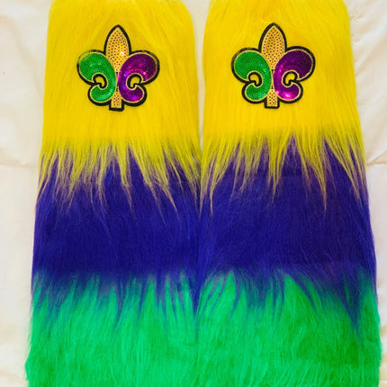 Mardi Gras Leg Warmers Fury Striped Purple Green And Gold W/ Fleur de Lis - Mardi Gras Apparel - Accessories, Adult, Gold - 