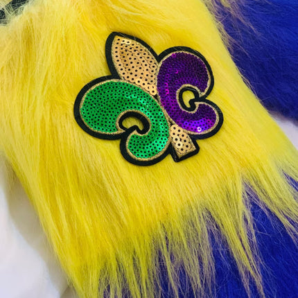 Mardi Gras Leg Warmers Fury Striped Purple Green And Gold W/ Fleur de Lis - Mardi Gras Apparel - Accessories, Adult, Gold - 