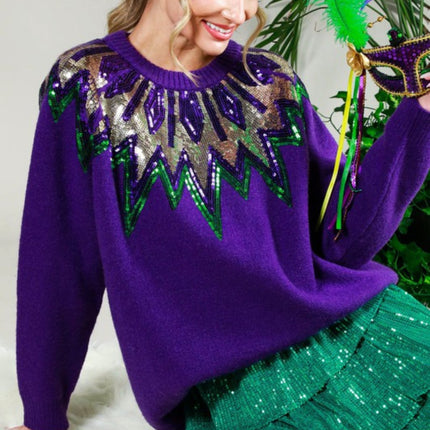 Mardi Gras Long Sleeve Sequin Detail Sweater Purple Top - Mardi Gras Apparel - Adult, Crew Neck, Ladies - 