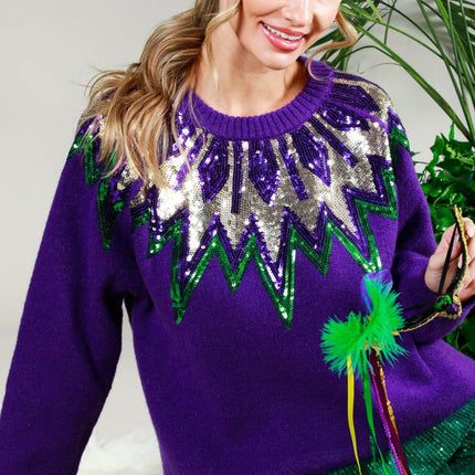 Mardi Gras Long Sleeve Sequin Detail Sweater Purple Top - Mardi Gras Apparel - Adult, Crew Neck, Ladies - 