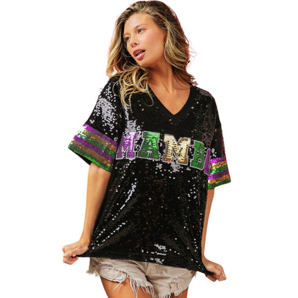 Mardi Gras Mambo Sequin V - Neck Black Top - Mardi Gras Apparel - Adult, Front Design, Gold - 