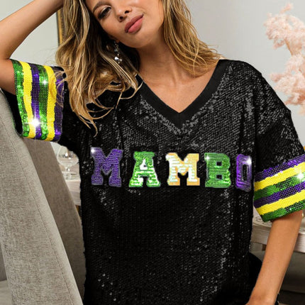 Mardi Gras Mambo Sequin V - Neck Black Top - Mardi Gras Apparel - Adult, Front Design, Gold - 