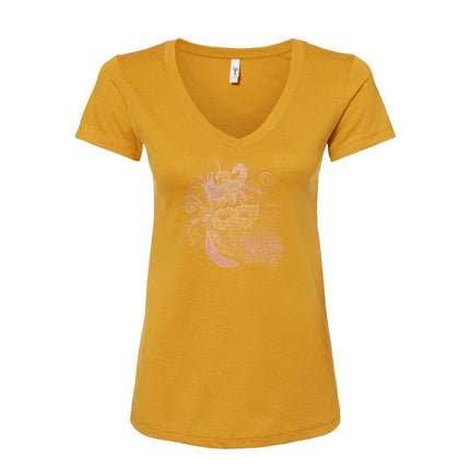 Mardi Gras Mask Rhinestone V - Neck Tee - Shirt - Mardi Gras Apparel - 100% Cotton, Adult, Black - Rhinestone Tee - Shirt