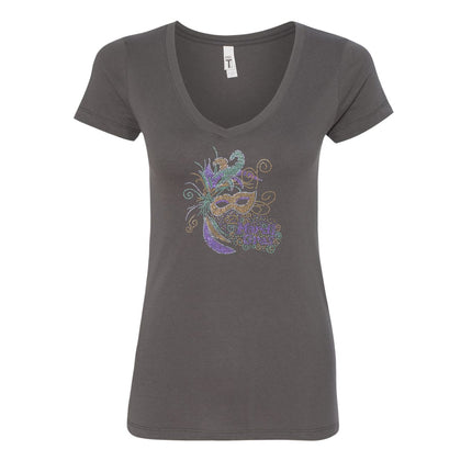 Mardi Gras Mask Rhinestone V - Neck Tee - Shirt - Mardi Gras Apparel - 100% Cotton, Adult, Black - Rhinestone Tee - Shirt