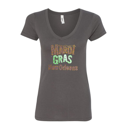 Mardi Gras New Orleans V - Neck Rhinestone Tee - shirt - Mardi Gras Apparel - 100% Cotton, Adult, Black - Rhinestone Tee - Shirt